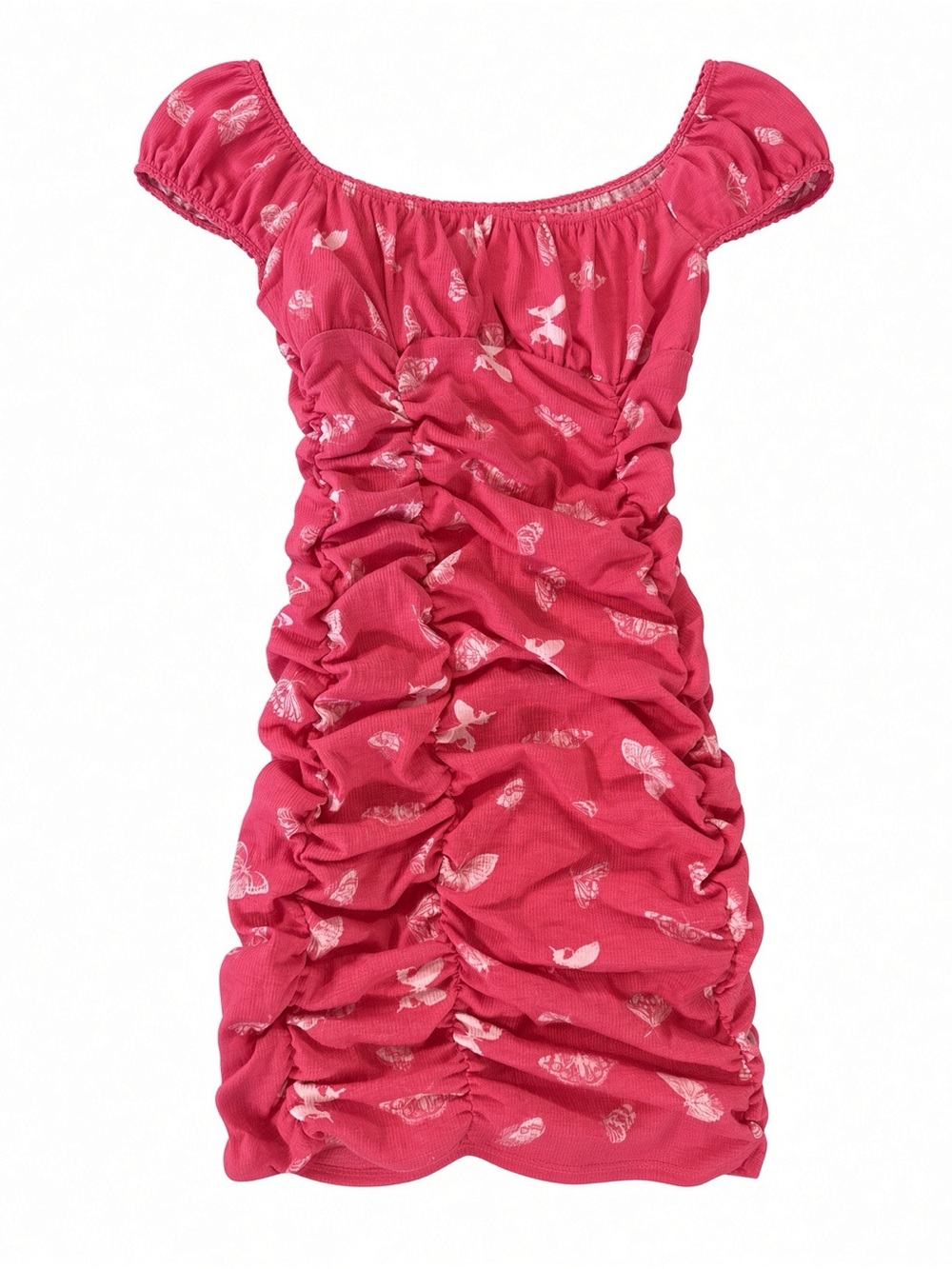 Ruched Pink Butterfly Print Dress